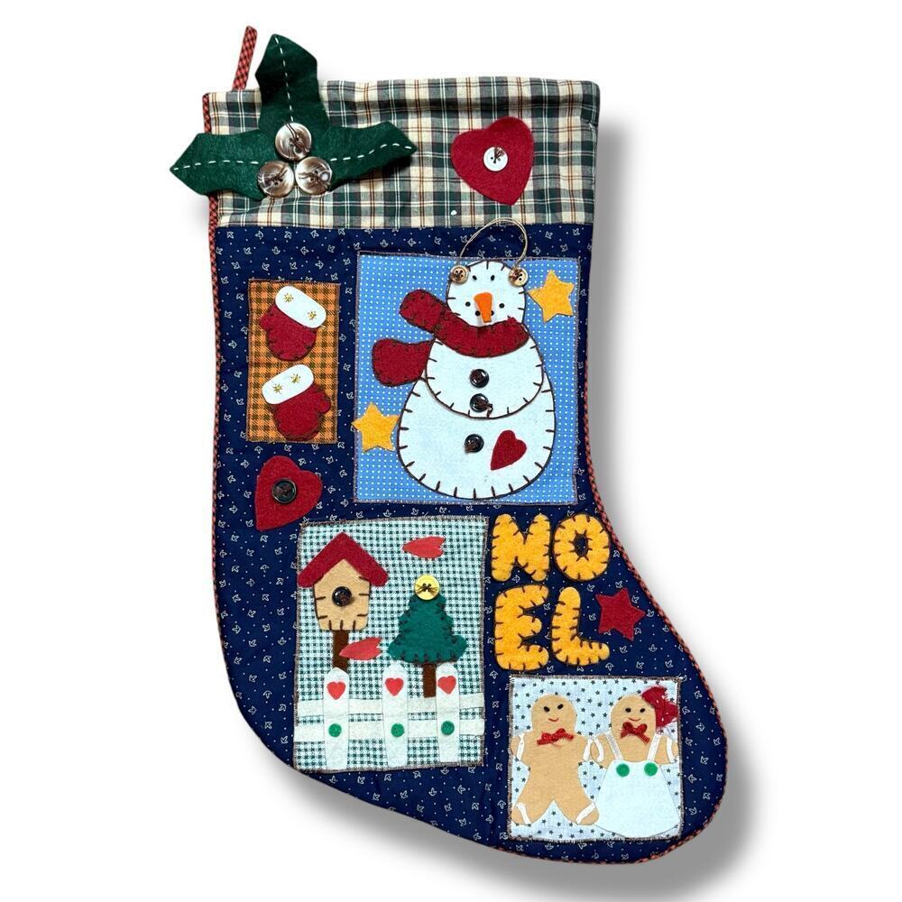 VTG Y2K Quilted Patchwork Felt Button Christmas Stocking Snowman Gingerbread